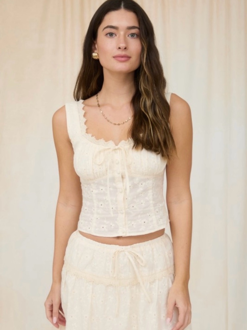 Cream Eyelet Lace-Trim Sleeveless Bustier Top